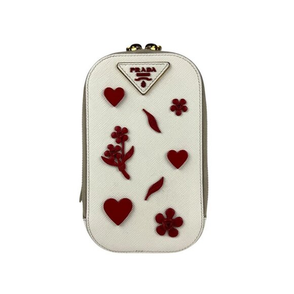 PRADA Crossbody Shoulder Bag Phone Holder Pouch Off White/Red Leather - Picture 5 of 13